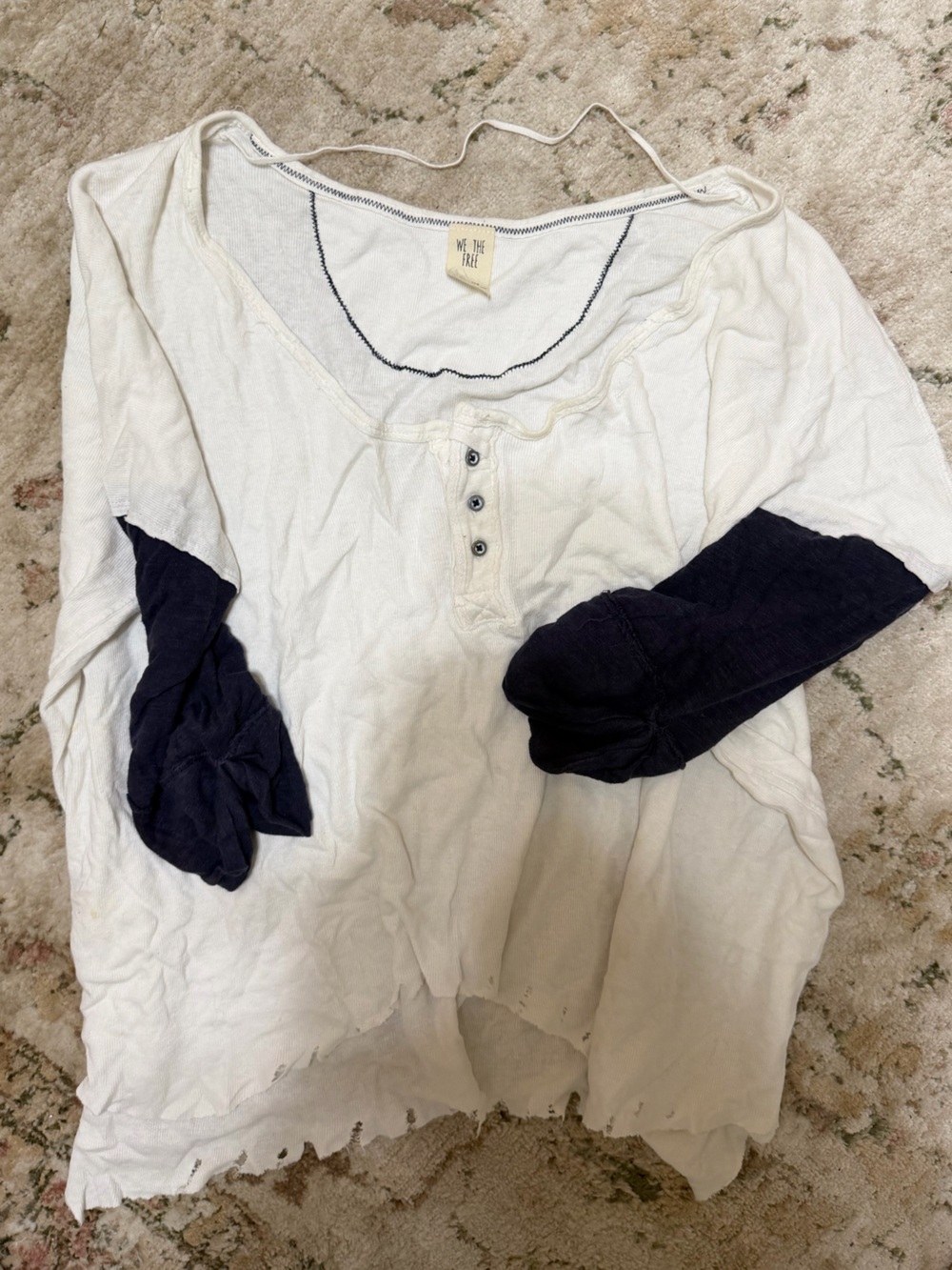 Free People White Henley Top with Navy Sleeve Accents